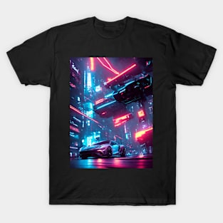 Dark Neon City Sports Car T-Shirt